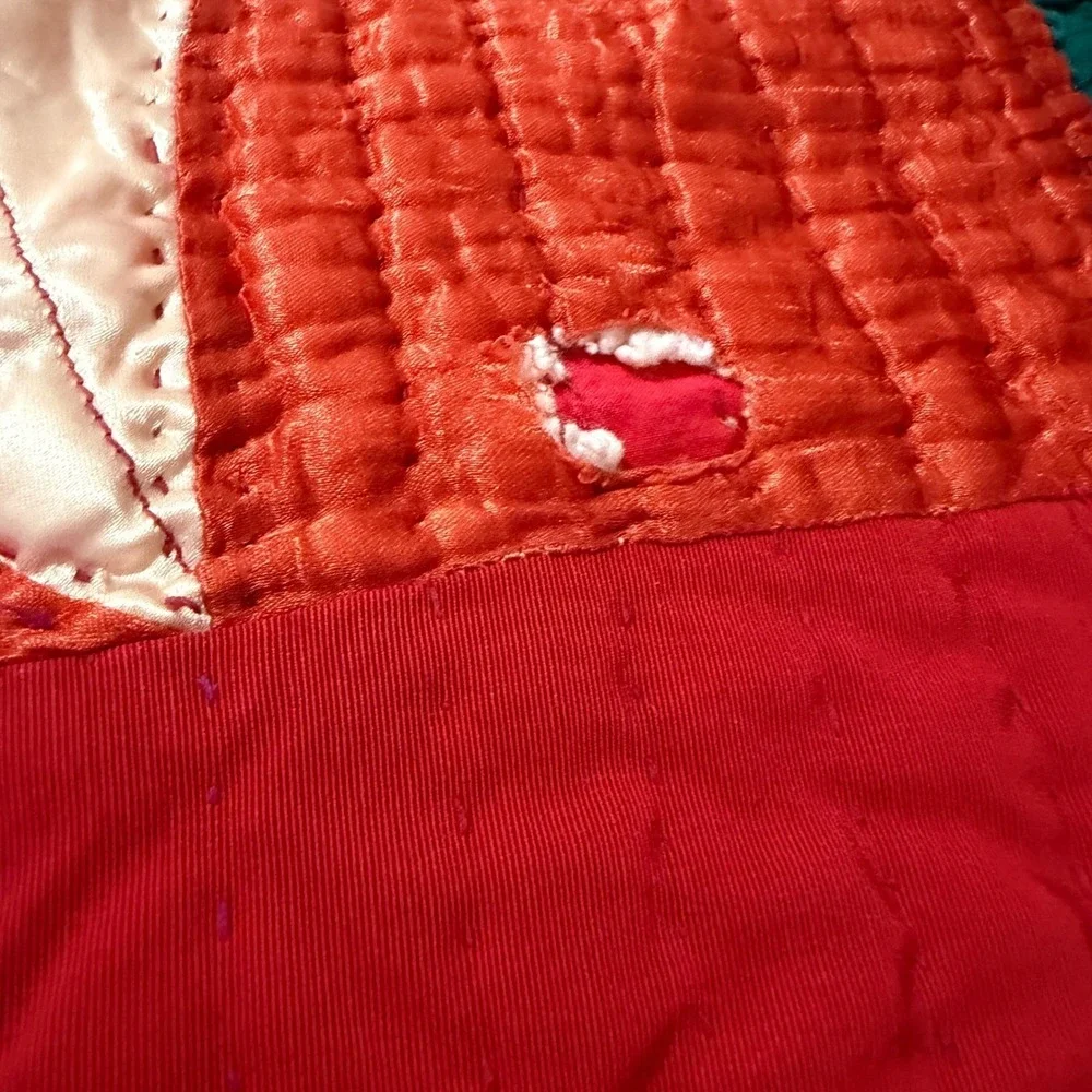 VTG Handmade Satin Patchwork Quilt Red Geometric Star 83x68 for REPAIR/REPURPOSE